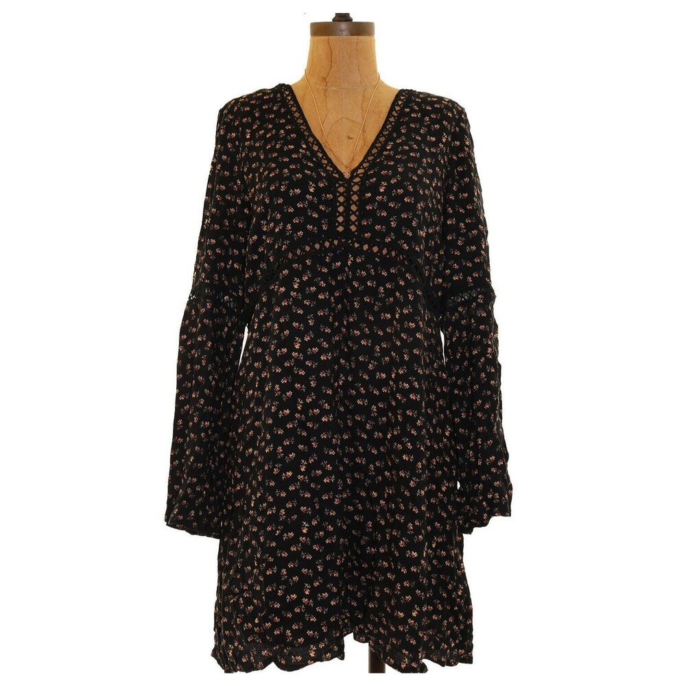Wayf Nordstrom Shift Dress Size M Ladder Accent Long Sleeve Black Multi NEW B45